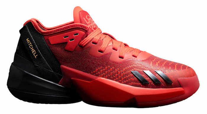 View of red and black Adidas DON Issue 4 shoes.